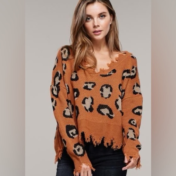 MIRACLE DISTRESSED CHEETAH SWEATER BROWN/SIZE:M - Picture 3 of 13